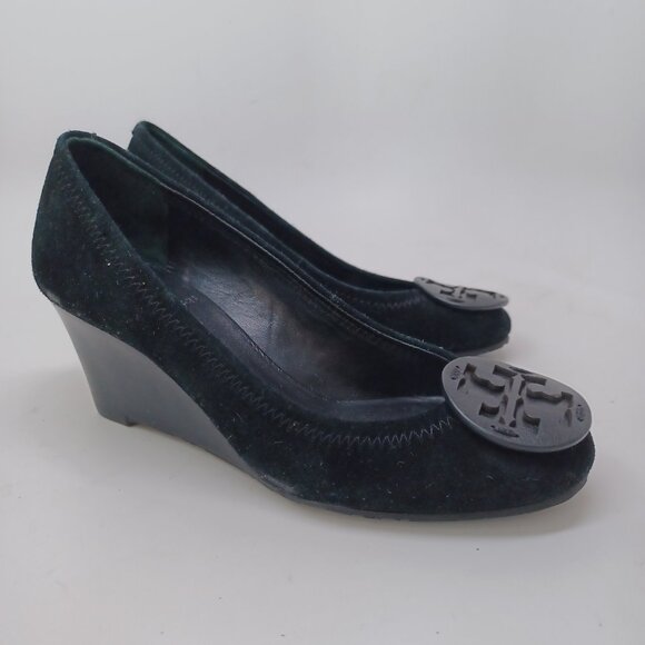 Tory Burch Shoes Sophie Miller Black Suede Wedge Leather Logo on Toe Womens 5 M - Picture 14 of 14
